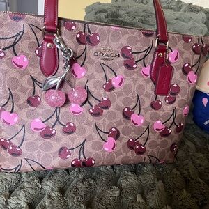 Coach Cherry Print Tote Bag in Pink and Brown